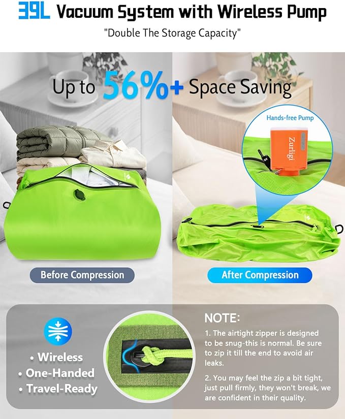 Zurligi Travel Vacuum Bag Kit with Wireless Pump, IPX8 Waterproof Durable, Airtight Heavy-Duty Zipper, Portable Reusable Compression Packing Cubes with Shoulder Strap for Travel, Moving, Home Storage