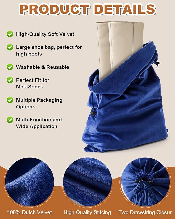4 Pcs Shoe Bags for Travel, 21.2"x13.3" Large Boot Bags for Cowboy Boots, Washable Velvet Dust Bag with Drawstring for Dress Shoes, Handbags and Clothing, Suitable for Travel and Home Storage