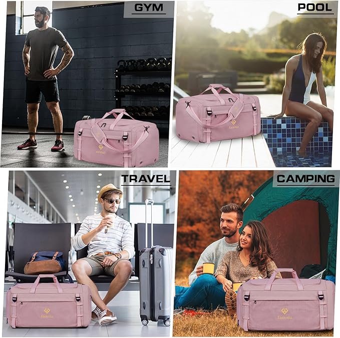 Large Sports Gym Bag, Travel Duffel bag with Wet Pocket & Shoes Compartment for men women, 65L, Lightweight（Pink）