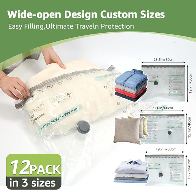 12 Packs Vacuum Bags for Travel with Rechargeable air Pump, 3 Sizes Vacuum Seal Bags for Clothing, Space-Saving Compression Storage Bags for Travel & Closet Organization