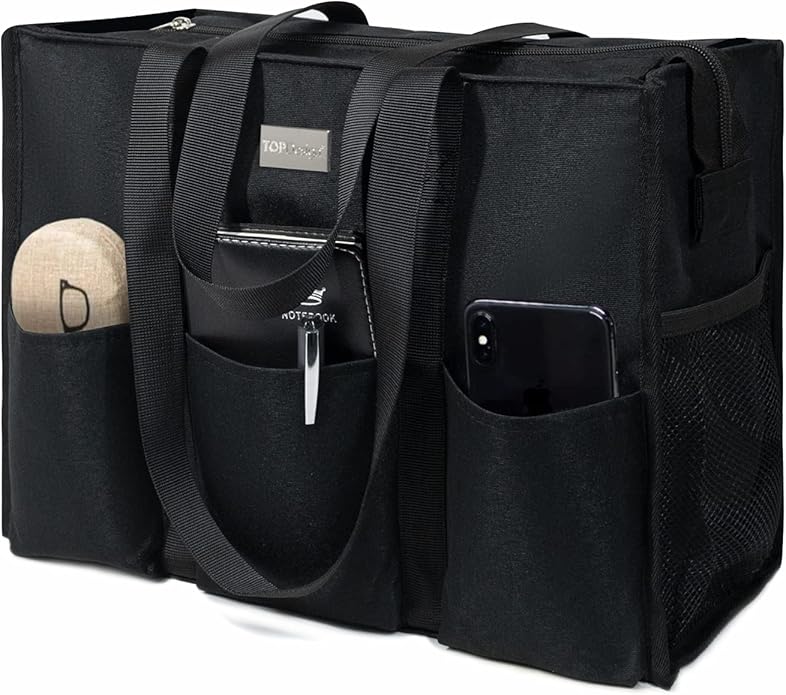 TOPDesign Utility Water Resistant Tote Bag with 13 Pockets, Top Zipper Closure & Thick Bottom Support, for Working Women