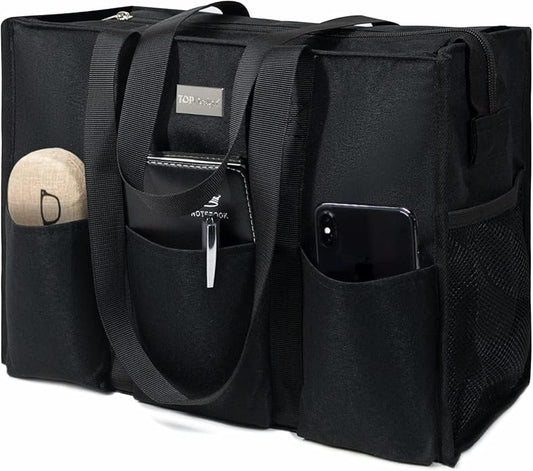 TOPDesign Utility Water Resistant Tote Bag with 13 Pockets, Top Zipper Closure & Thick Bottom Support, for Working Women