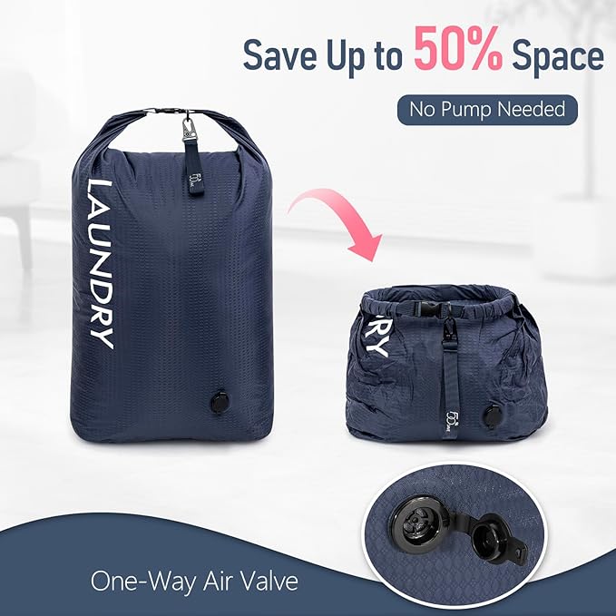 WiseBoy Compression Laundry Bag 2 Pack, Pump-Free Space Saving Travel Laundry Bag, Waterproof Odor-Resistant Dirty Clothes Bag for Suitcase, Wet Dry Gym & Swim Organizer (Navy Blue & Pink)