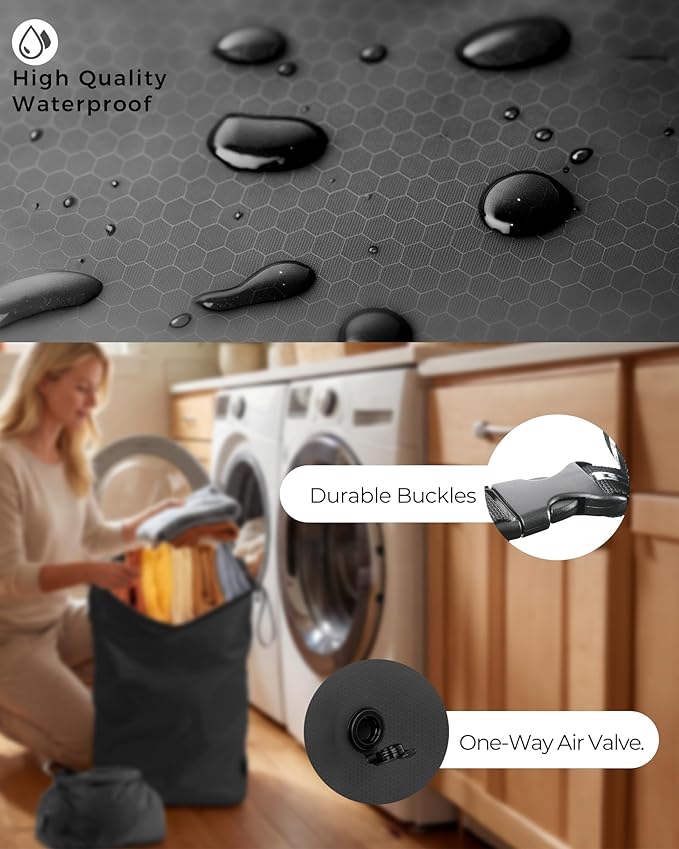 Travel Laundry Bag, Pump-Free Vacuum Compression Dirty Clothes Bag, Reusable Waterproof & Washable Laundry Bag, Wet and Dry Bag, Ideal for Suitcases, Road Trip Essentials (2 Pcs, M+L) Black