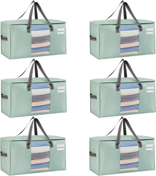 VENO 6 Pack Heavy Duty Moving Bags, Clothes and Comforter Storage Bags with Clear Window, College Dorm Essentials Packing Supplies, Foldable Boxes Alternative (Light Green Matte, 6 Pack)