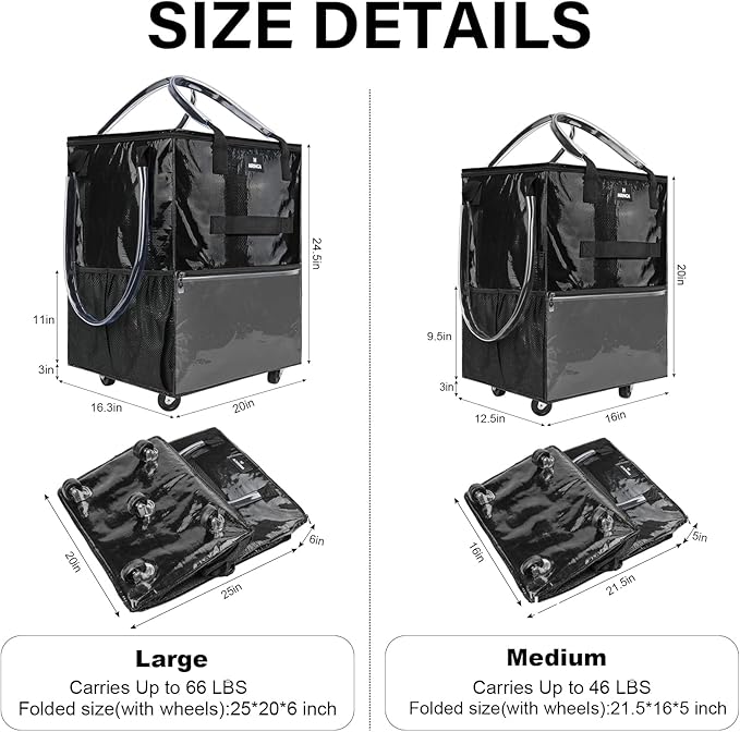 Reusable Grocery Bag On Wheels, 70L Foldable Shopping Rolling Tote Bag with 6 Pockets, Shopping Trolley Cart with Zippered Top & 3-Way Handles, Lightweight for Moving, Camping, Travel, Medium, Black