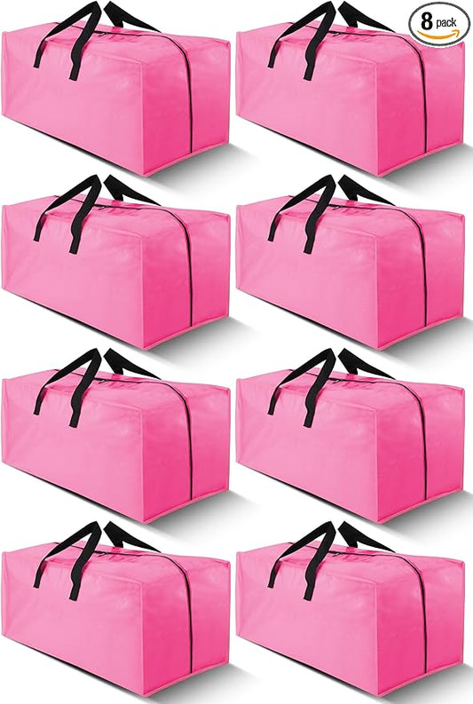 Cosy Family 8 Pack Heavy Duty Extra Large Moving Bags with Backpack Straps - Strong Handles & Zippers, Storage Totes For Space Saving, Fold Flat, Alternative to Moving Box, Pink