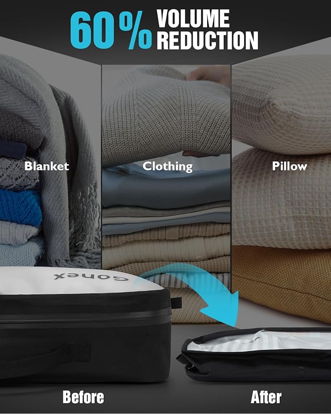 Gonex Vacuum Compression Bag with Pump - Reusable, Waterproof Travel Packing Organizer with Wide Opening, Handle & View Window for Suitcase, Backpack & Clothes Storage (1 Bag + 1 Pump)