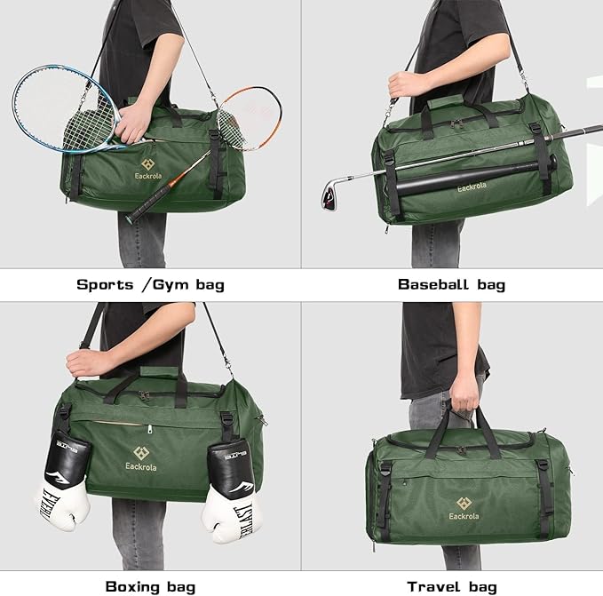 Extra Large Sports Gym Bag, Travel Duffel bag with Wet Pocket & Shoes Compartment for men women, 85L, Lightweight （Green）