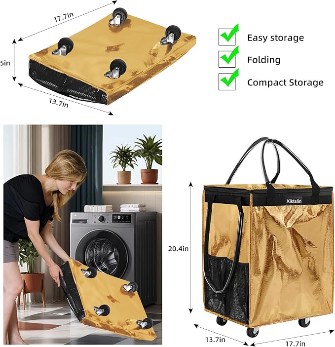(Medium, Gold) Reusable Grocery Bag on 4 Wheels, Foldable Rolling Tote Carries Up to 66lb Shopping Trolley, Rolling Bag with 3 Handles, Zipper Clouser Rolling Tote Bag with Wheels for Laundry