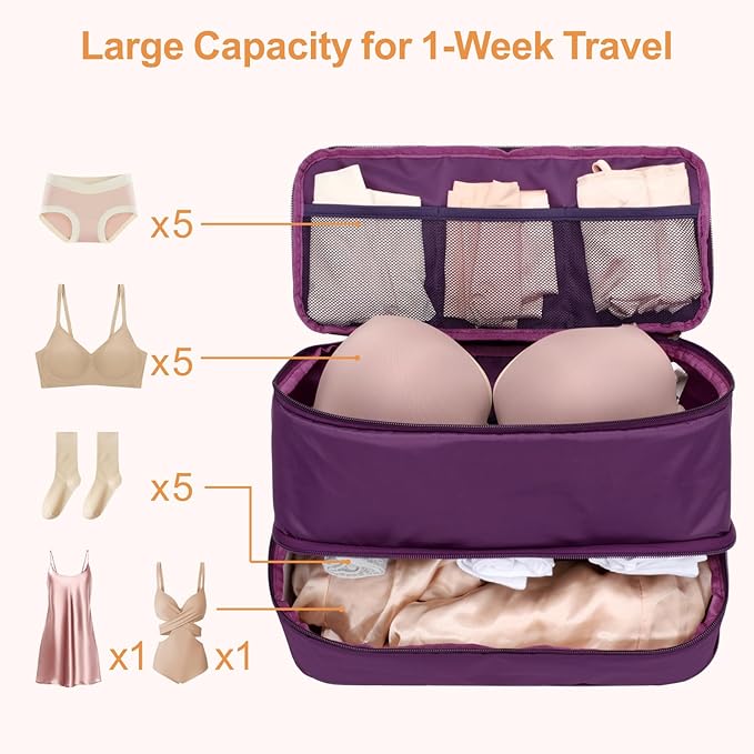 Cambond Travel Underwear Organizer Bag - 4-in-1 Soft Double Layer Bra Travel Bag, Portable Expandable Compression Packing Organizers, Underwear Storage Bag Packing Cubes for Women