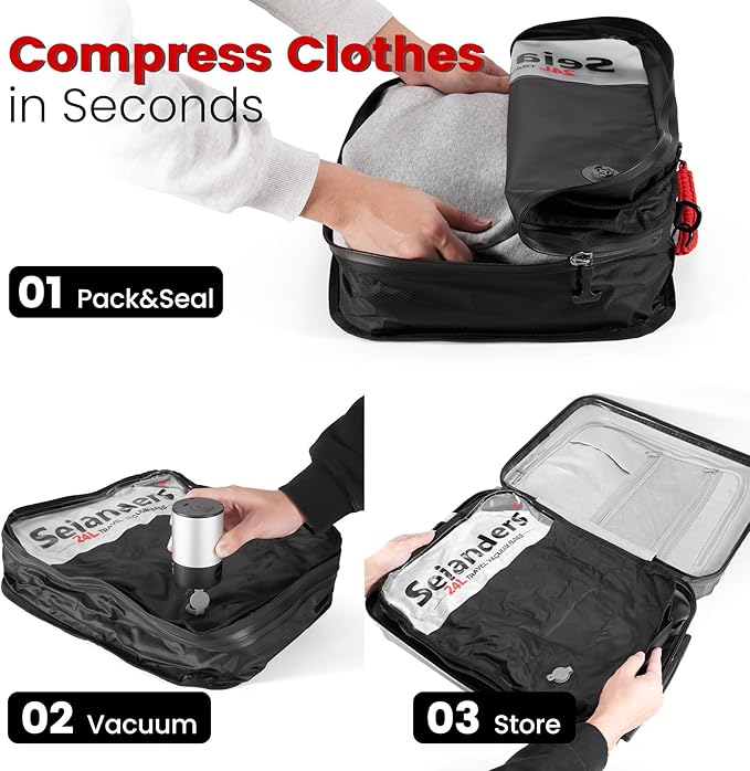 Vacuum Travel Bags with Pump for Car Camping & Backpacking - 6.0kPa Wireless Pump, Odor/Waterproof Anti-Rip Nylon Organizer & Space Saver (24L*2, 17L*1, 3-Pack)