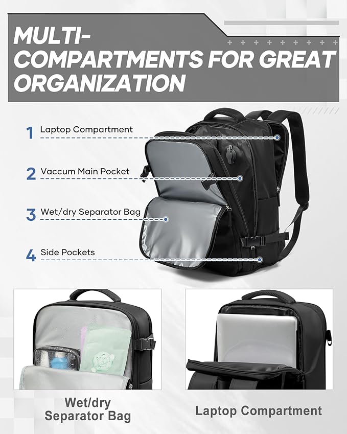suwasp Vacuum Compression Backpack, 45L Expandable Travel Backpack with Electric Vacpack Pump, Travel Vacuum Bags with 17inch Laptop Compartment/Wet/Dry Compartment/Waterproof Pocket, Black