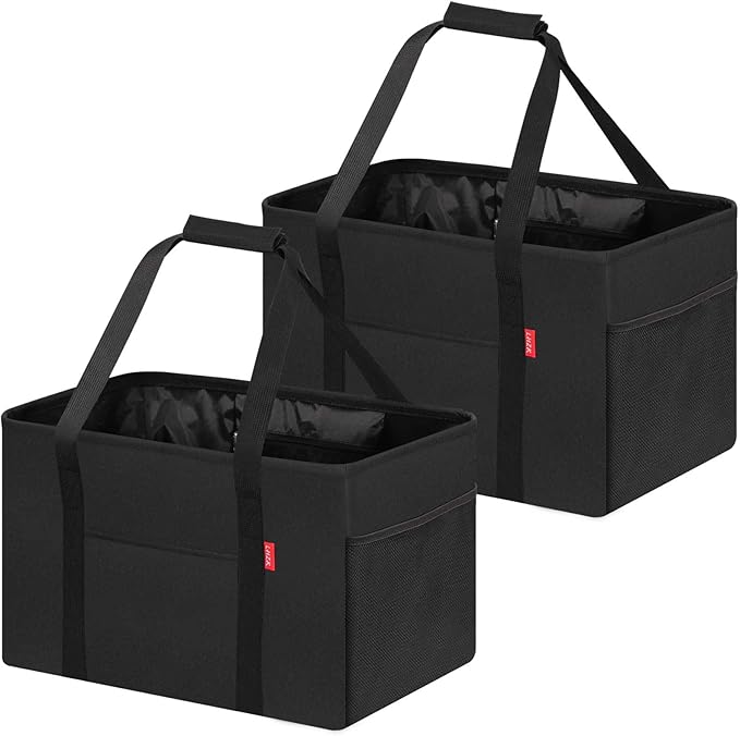 LHZK 2 Pack Utility Tote Bag with Metal Wire Frame and the Sides Rinforced, Large Tote Bag with Handle, Reusable Grocery Bags Foldable, Beach Bag, Car Tote (Black, 18.5''x11.8''x11.5'')
