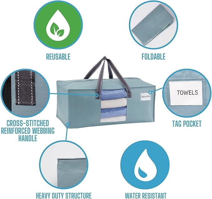 VENO 6 Pack Heavy Duty Moving Bags, Packing Bags with Clear Window, Alternative to Moving Boxes, Storage Bins for Clothes, Blankets, Comforters, College Dorm Essentials (Light Blue Matte, 6 Pack)