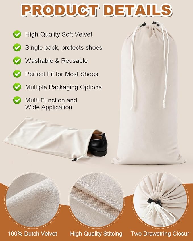 4 Pcs Single Shoe Bags for Travel, 17.3"x8.6" Washable Travel Shoe Bags for Packing in Suitcase, Velvet Dust Bag with Drawstring, Shoe Pouch for Women and Men, Travel and Home Storage (Beige)