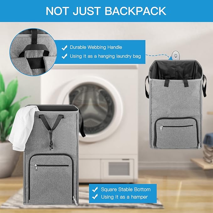 Bukere Laundry Backpack Bag, Extra Large 2 in 1 Laundry Hamper Basket for College Students Dorm Essentials, Adjustable Shoulder Straps, Freestanding Laundry Bag(Grey&Grey)