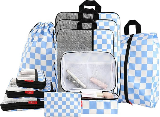 U+U 10 Set Compression Packing Cubes - Ultralight Travel Organizers with Laundry Bag and Cosmetic Bag, Space-Saving Suitcase Organizer for Travel, Business Trip and Family Vacation (Blue Checkered)
