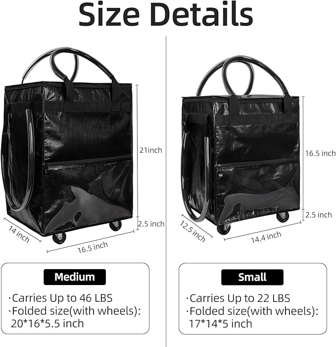 Reusable Grocery Bag on Wheels, (Medium, Black) Shopping Bags with Wheels and Handle, Folding Rolling Tote, Zipper Cover, Carries Up to 46 LBS, for Laundry, Picnic