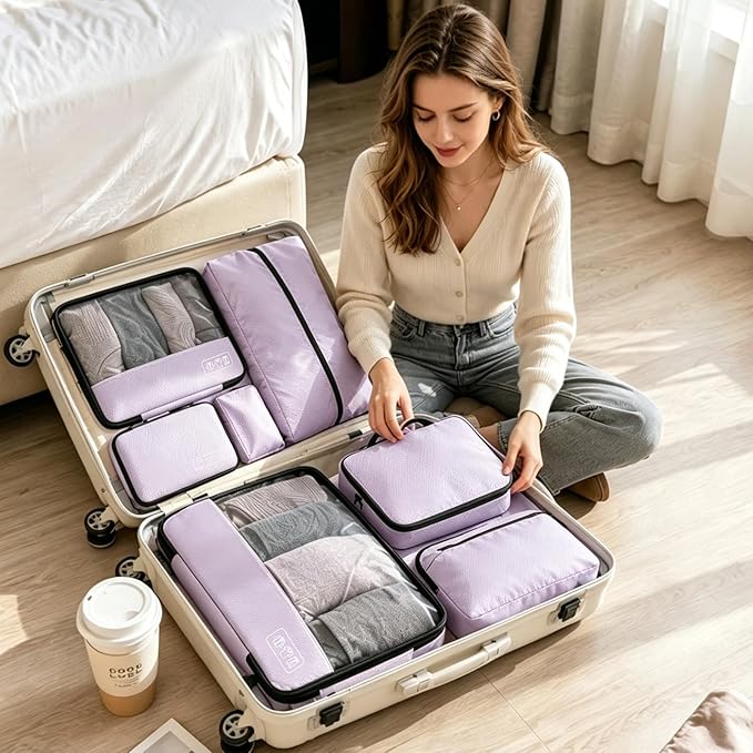 8-Piece Compression Packing Cubes for Travel, Elegant Ultralight Luggage Organizer Set for Women, Space Saving for Carry-On, Suitcase & Vacation Cruise Travel - Purple