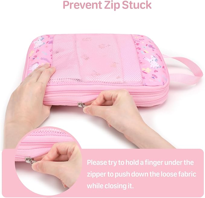 Kids Compression Packing Cubes, 4 Piece Set for Carry On Suitcase, Water Resistant Travel Luggage Organizers with Shoe Bag, Toddler Backpack Essentials (Pink Unicorn)
