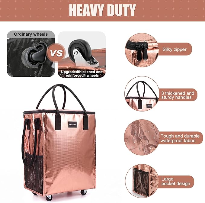 Reusable Hauler Rolling Tote Bag, Collapsible Portable Shopping Bag with Wheels for Groceries, Apartments Laundry, Organization,Heavy Duty Utility Tote Bag for Travel Moving, 75lbs, Rose Gold