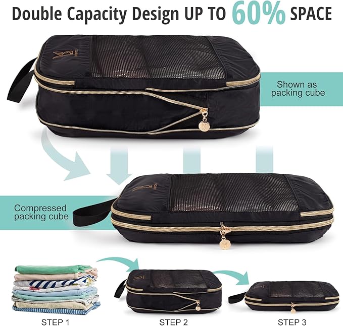 6/8 Sets Compression Packing Cubes for Travel, Bunnychill Portable Zipper Packing Cube for Cloting, Expandable Space Saver Storage Luggage Organizer Bags for Suitcases