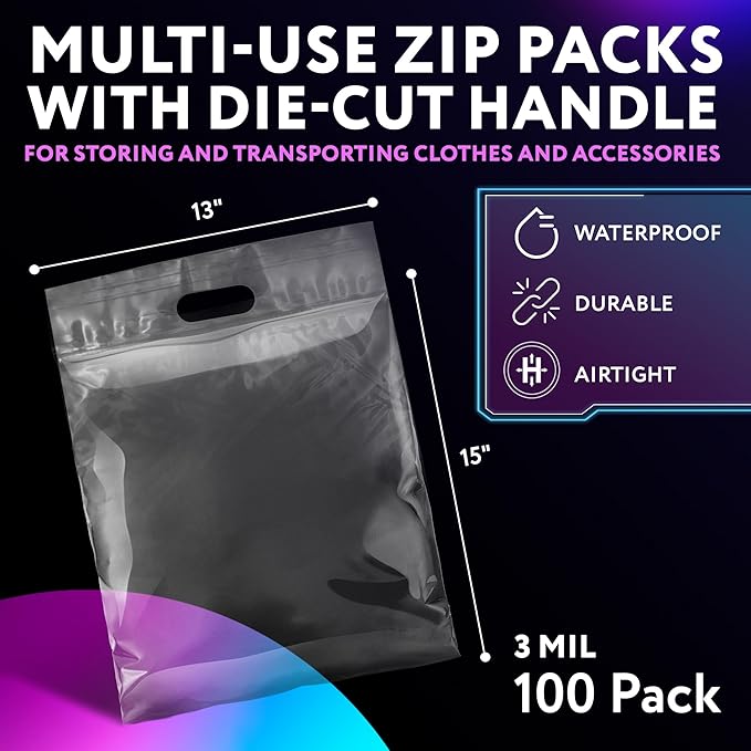 APQ Die Cut Zipper Bags, 13 x 15 Inches. Pack of 100 Clear Polyethylene Die Cut Handle Reclosable Zip Bags for Clothes, Tools. 3 Mil Thick Durable Reclosable Plastic Bags With Zipper Closure