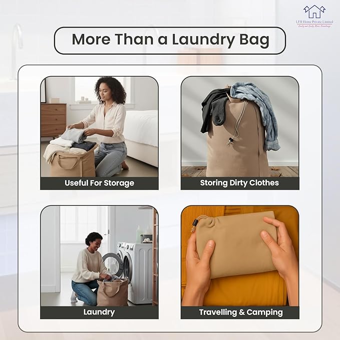 LFH Home Large Premium Cotton Canvas Laundry Bag with Drawstring and Handles Heavy Duty, Multi-Use, and Washable for Home, Travel, College or Storage 24x36 (Pack of 2)-Beige