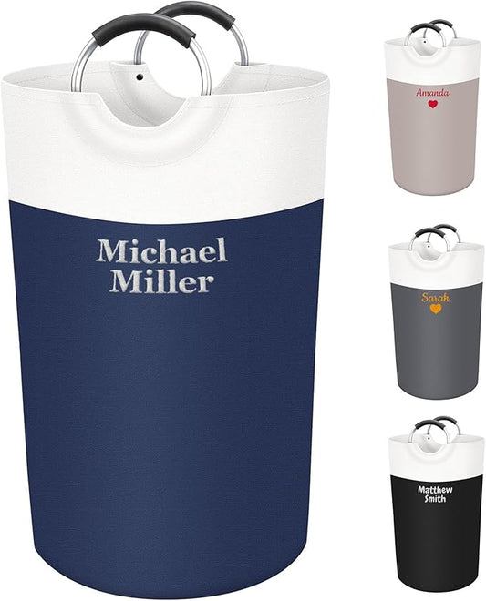 Personalized Laundry Basket, Embroidered Travel Laundry Hamper, Collapsible Laundry Baskets for College Dorm, Dirty Clothes Hamper, Waterproof Extra Large Laundry Bag with Handles with Name 90L-Navy