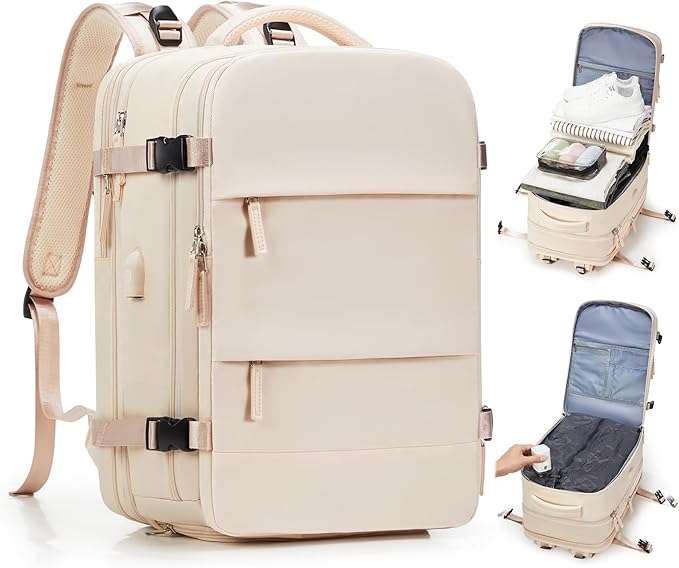 wepadre Vacuum Backpack Travel with Pump Travel Backpack with Vacuum System Expandable Vacpack Compression Backpacks for Travel Easy Vac Pack Carry on Luggage Beige