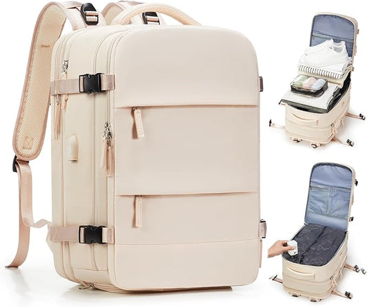 wepadre Vacuum Backpack Travel with Pump Travel Backpack with Vacuum System Expandable Vacpack Compression Backpacks for Travel Easy Vac Pack Carry on Luggage Beige