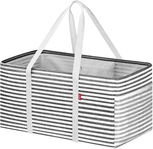 LHZK Standing Extra Large Utility Tote Bag with Metal Wire Frame and the Sides Rinforced, Extra Large Tote Bag with Handle, Reusable Grocery Bags Foldable, Beach Bag, Car Tote, Black, 26''x15''x13''