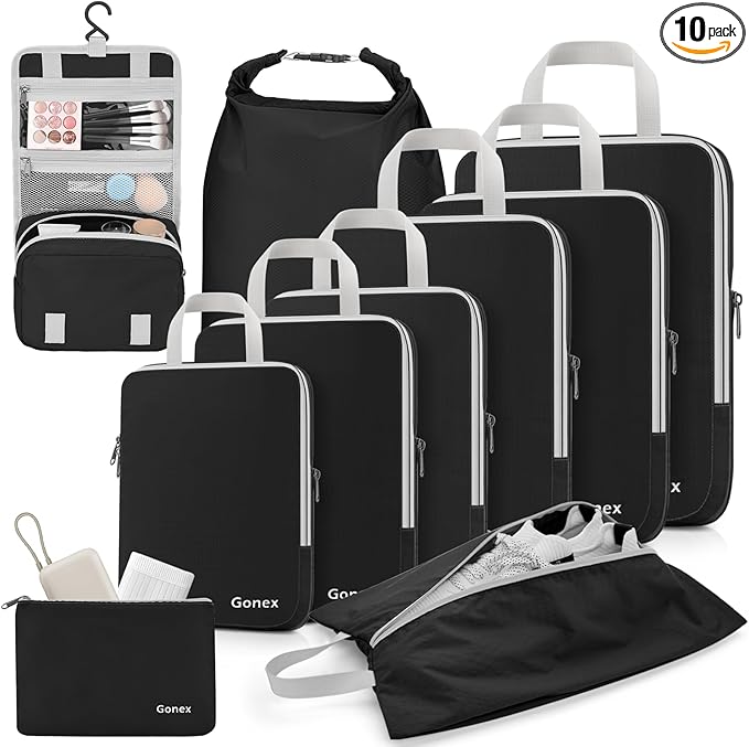 Gonex 10 Set Compression Packing Cubes, Expandable Storage Travel Bags for Suitcase, Luggage Organizers with Hanging Toiletry Bag Laundry Bag Shoe Bag Accessories Bag (Black)