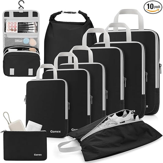 Gonex 10 Set Compression Packing Cubes, Expandable Storage Travel Bags for Suitcase, Luggage Organizers with Hanging Toiletry Bag Laundry Bag Shoe Bag Accessories Bag (Black)
