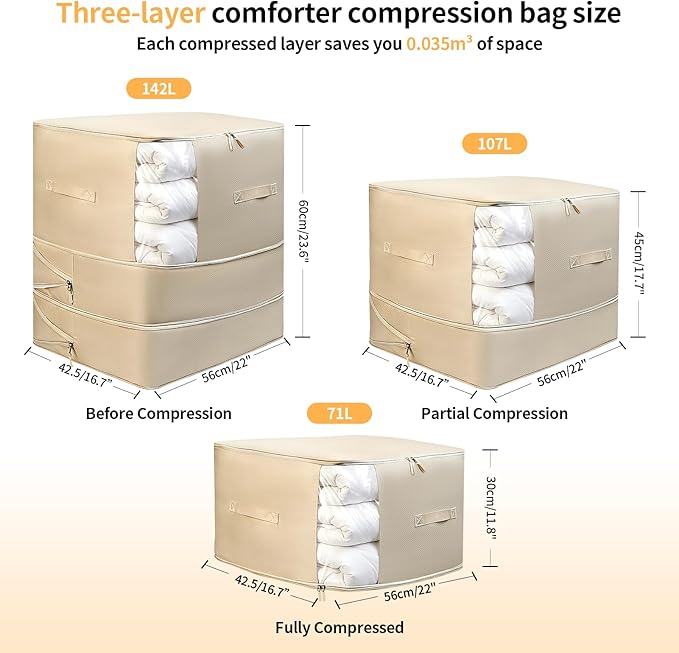 6 Pack Upgrade Comforter Storage Bag with Handle, Space Saving 3-Layer Adjustable In 3 Sizes (142L, 107L, 71L), Compression Blanket Storage Bags, Washable Bedding Organizer For Pillow Duvet Clothing