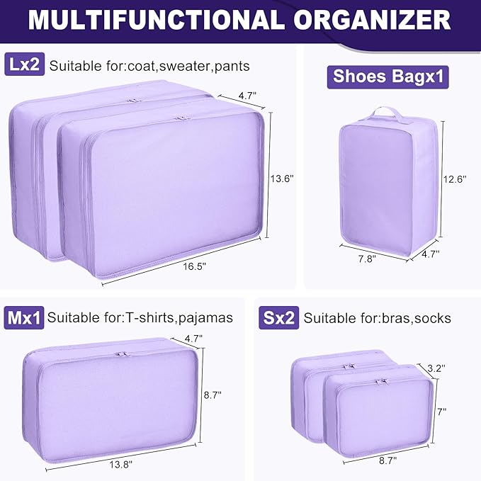 Packing cubes for Travel Luggage Organizer Bags 6 Set Packing Cubes for Suitcases Travel Essentials for Carry on Mesh Suitcase Organizer with Shoe Bag (purple)