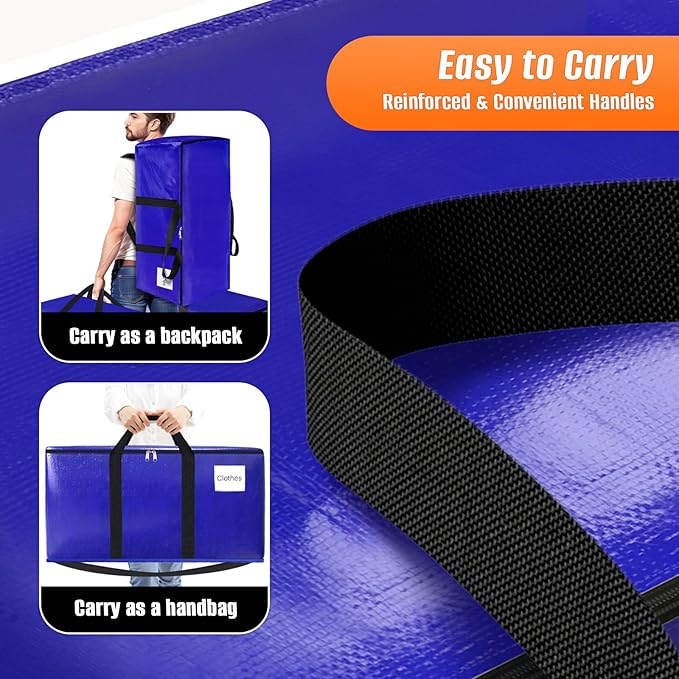 FabSpace 6-Pack Moving Bags with Backpack Straps & Carry Handles, 30 Gallons-125 L Heavy Duty Storage Totes for Space Saving, Foldable Storage Bags for College Dorm, Travel, Camping (Blue)