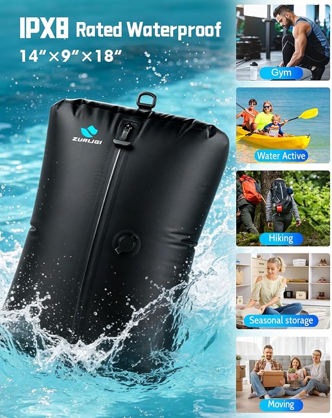 Zurligi Travel Vacuum Bag Kit with Wireless Pump, IPX8 Waterproof Durable, Airtight Heavy-Duty Zipper, Portable Reusable Compression Packing Cubes with Shoulder Strap for Travel, Moving, Home Storage