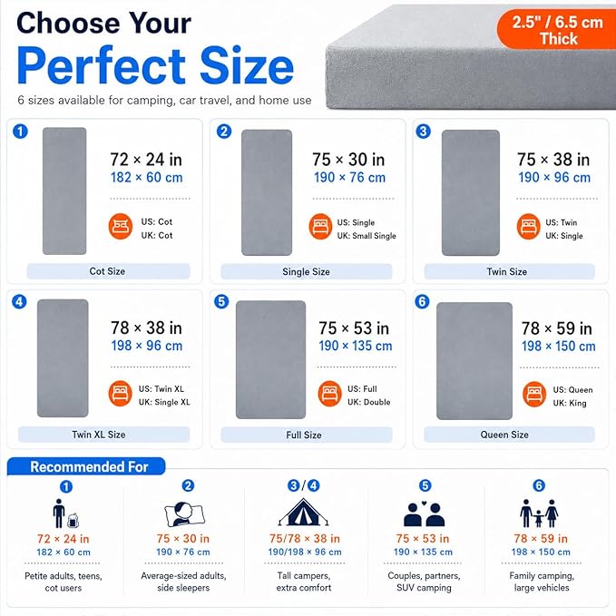 Foam Camping Mattress - Portable Sleeping Pad for Camping, Tent, Car & Floor - Washable Cover & Roll Up Travel Bag - Cot Mattress for Travel & Guests