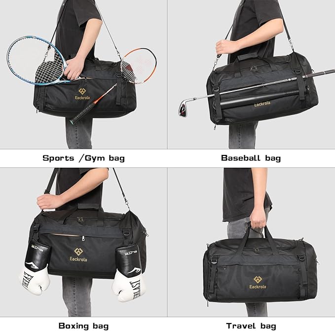 Extra Large Sports Gym Bag, Travel Duffel bag with Wet Pocket & Shoes Compartment for men women, 85L, Lightweight （Black）
