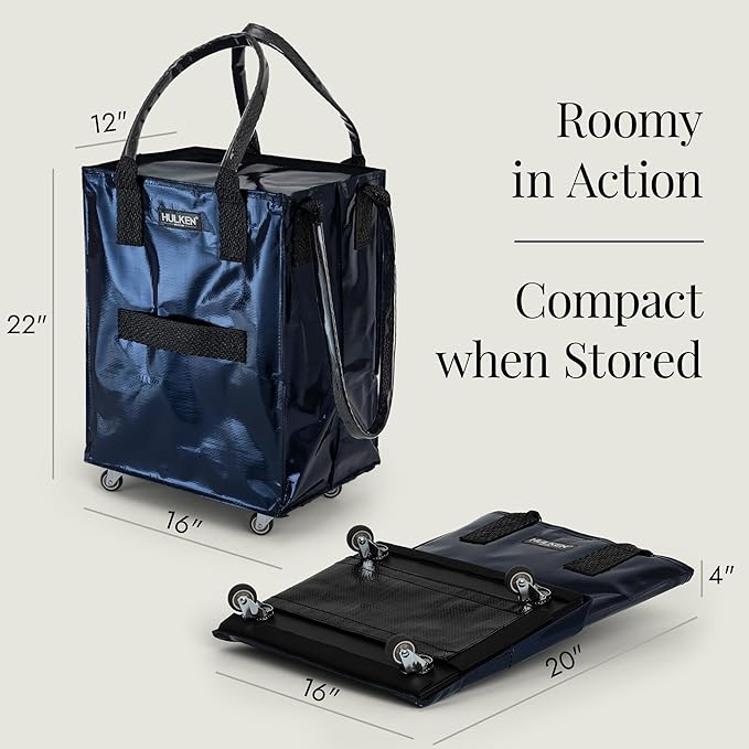 HULKEN - (Medium, Midnight Blue) Reusable Grocery Bag On Wheels, Shopping Trolley, Rolling Tote, Zipper Closure, Lightweight, Carries Up to 66 lb, Folds Flat, Unbreakable Handles