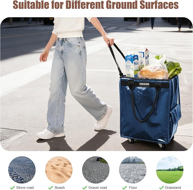 (Medium,Navy Blue) Reusable Grocery Bag on 4 Wheels, Foldable Rolling Tote Bag with 3 Handles and Zipper, Storage Organizer for Groceries, Rolling Shopping Cart for Travel, 76lb