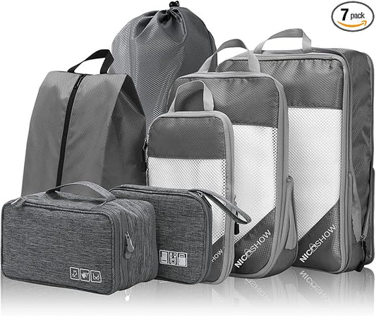 NICOSHOW 7 Set Compression Packing Cubes for Travel - Compressible, Lightweight, and Space-Saving Packing Cubes, Travel Essentials for Women, Grey