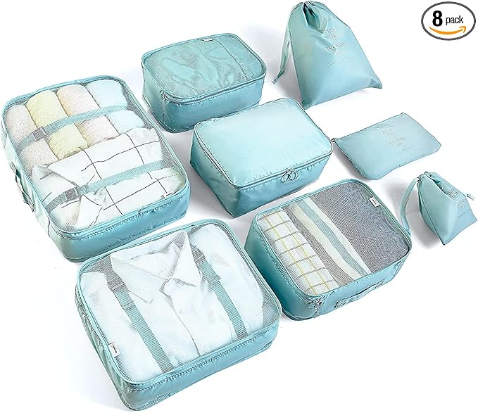 LANSKLBD 8 Set Packing Cubes for Suitcases Travel Luggage Packing Organizers,Travel Essentials Accessories Luggage Organizer with Shoe Bag Tioletry/Laundry Bag (light blue)