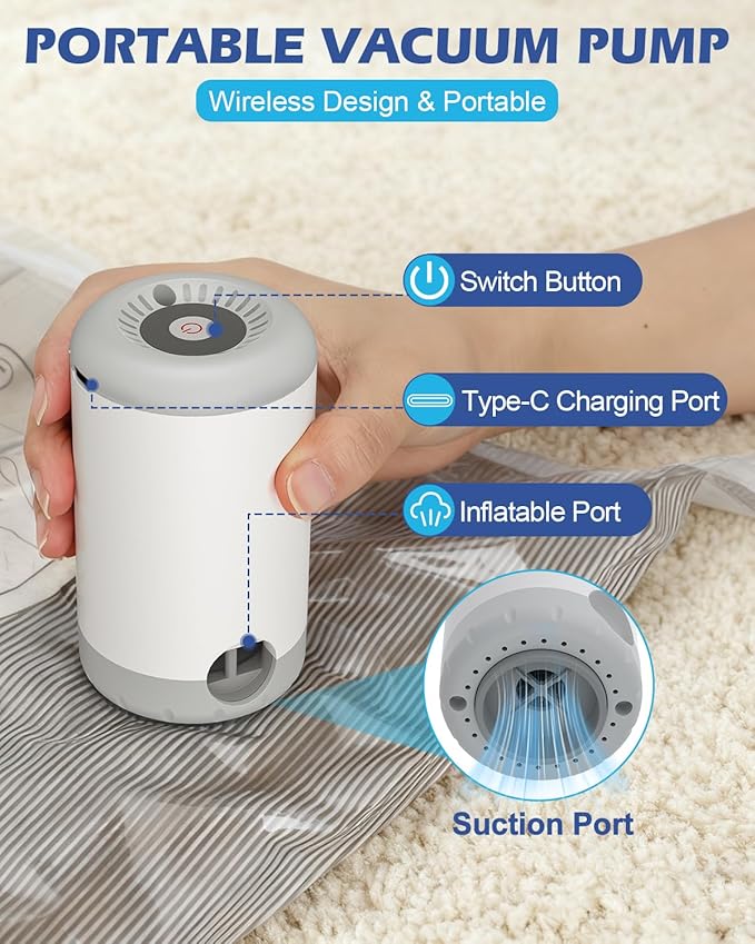 Fantictas Travel Vacuum Storage Bags with Rechargeable Air Pump, 10 Pack Portable Space Saver Bags, Compression Bags for Clothing, Bedding, Seasonal Storage & Packing Bags for Moving