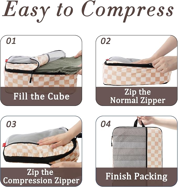 U+U 8 Set Compression Packing Cubes - Ultralight Travel Organizers with Laundry Bag and Cosmetic Bag, Space-Saving Suitcase Organizer for Travel, Business Trip and Family Vacation (Khaki Checkered)