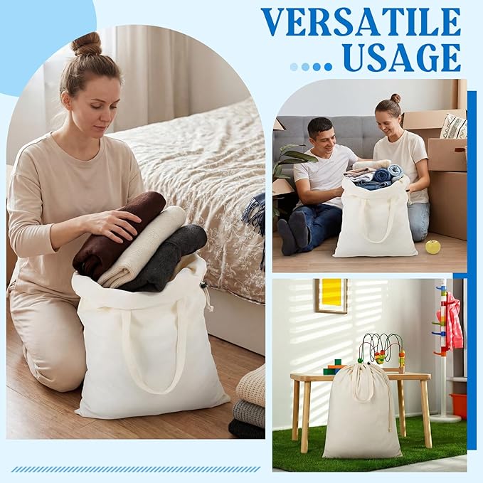 Zhehao 6 Packs Canvas Laundry Bags 20" x 28" Thick Heavy Duty Cotton Laundry Bag with Handles & Drawstring Fit a Basket or Hamper Perfect for College Dorm Apartment Dwellers and Travel (White)