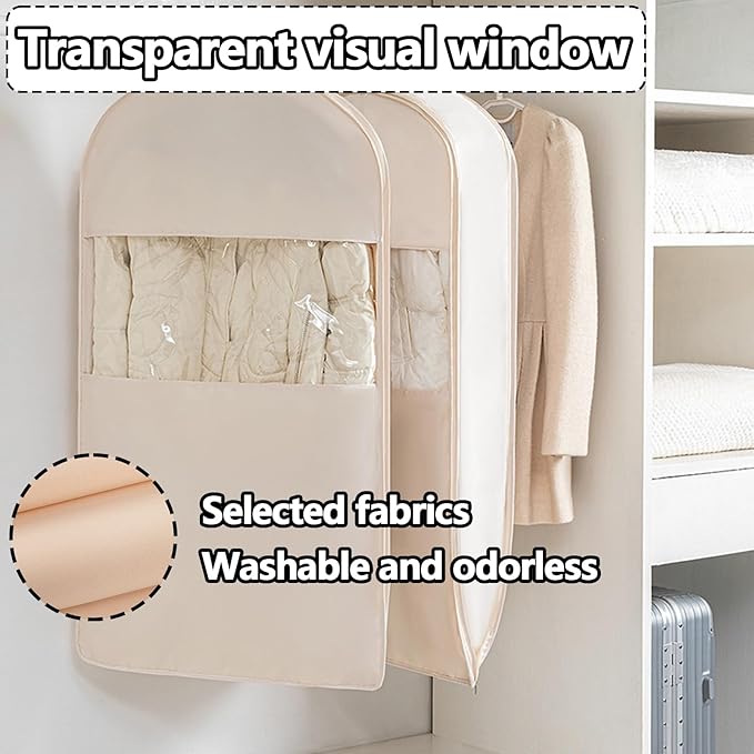 Space Saving Hanging Garment Bag with Self Compression Zipper，Dust Cover Clothes Bags for Down Coat,Dress,Suit，Closet Storage Organizer for Home Travel Use (Beige, M+L+XL)