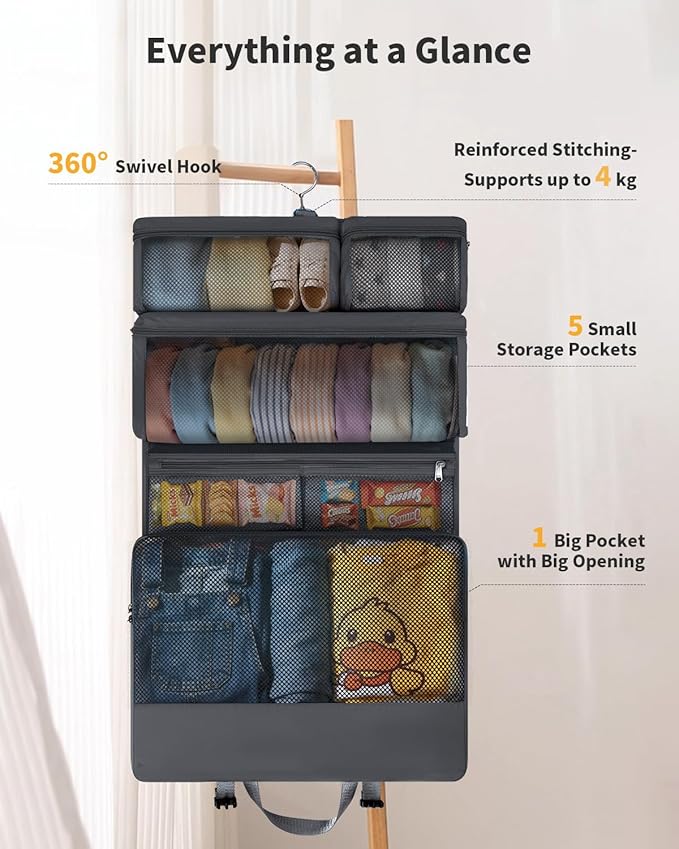 ECOHUB 8-in-1 Hanging Packing Cubes, Foldable Travel Storage Bag, Travel Organizer Expandable Packing Cube for Suitcase or Luggage (Grey)